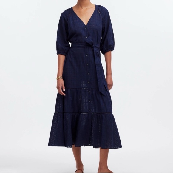 Madewell NWT Tie-Waist Tiered Midi Dress in Windowpane Windpane Navy, size 12 - Picture 1 of 16